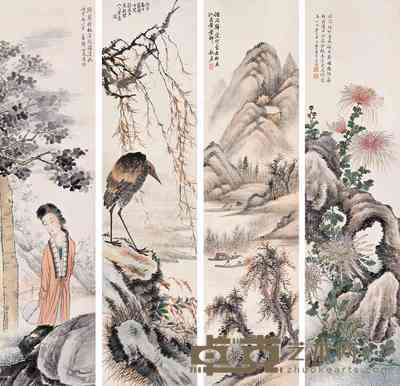 李秋君 李云绮 蒋也吉 1936年作 花鸟 人物 山水四屏 立轴 129×32.5cm×4